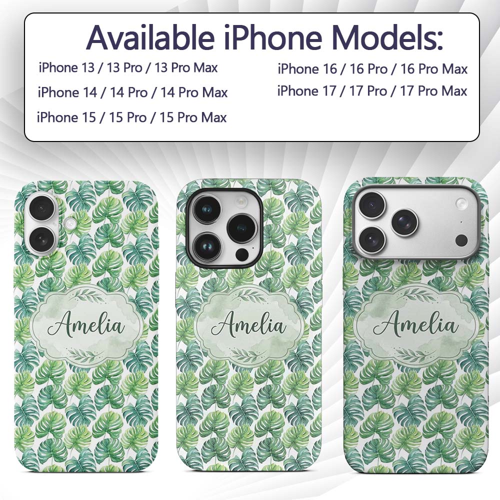 Fresh Watercolor Monstera Leaves in Soft Green Custom Name Protective Phone Case Mobile Cover Durable Everyday Smartphone Shock Resistant