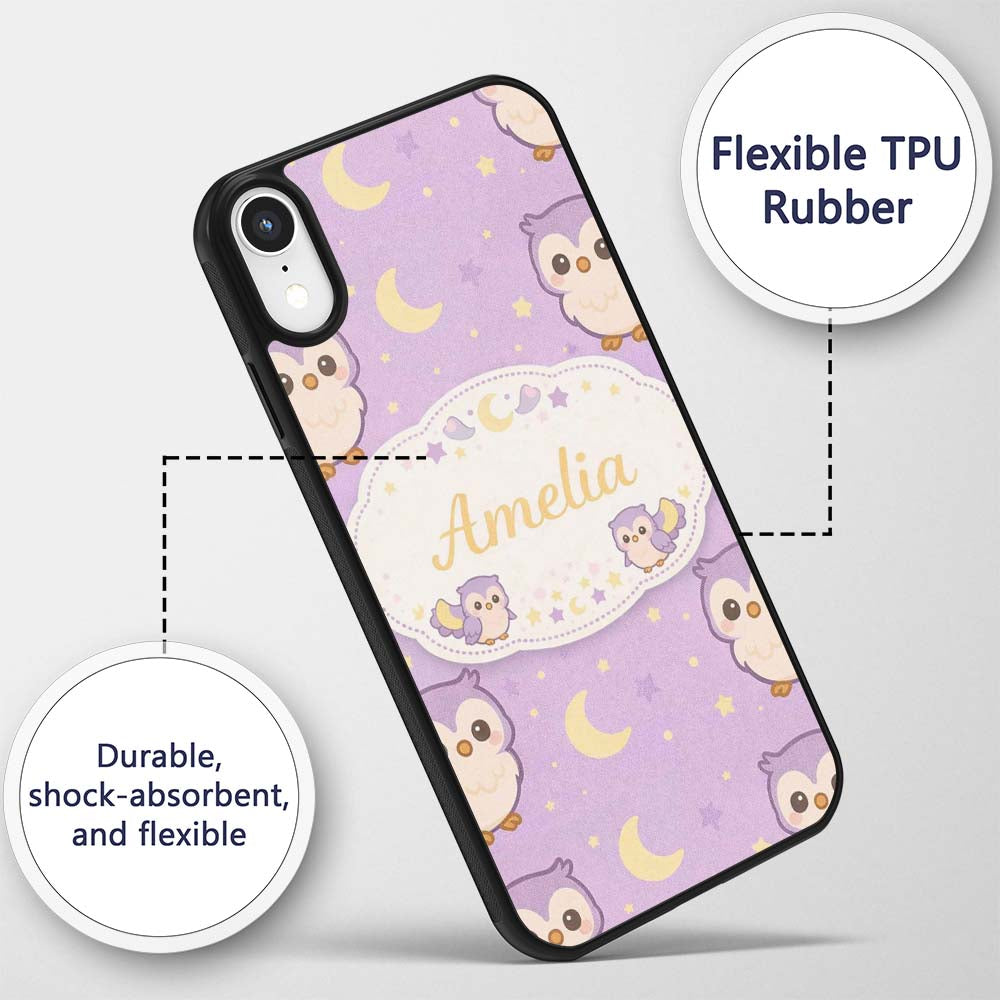 Cute Night Owl Moon Cartoon Animal Printed Design Custom Name Protective Phone Case Mobile Cover Durable Everyday Smartphone Shock Resistant
