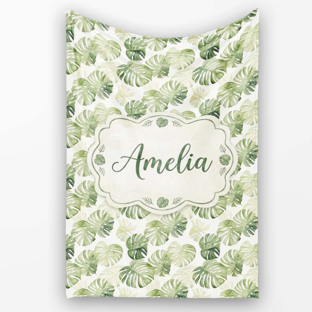 Minimal Pale Green Monstera Leaves Elegant Seamless Pattern Lovely  Personalised Custom Name Super Soft Fleece Blanket Bed Sofa Throw