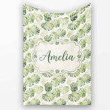 Minimal Pale Green Monstera Leaves Elegant Seamless Pattern Lovely  Personalised Custom Name Super Soft Fleece Blanket Bed Sofa Throw