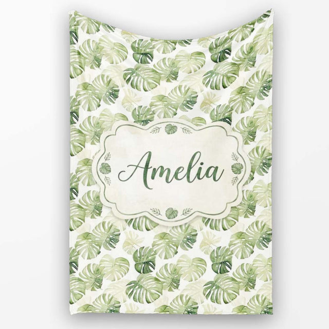 Minimal Pale Green Monstera Leaves Elegant Seamless Pattern Lovely  Personalised Custom Name Super Soft Fleece Blanket Bed Sofa Throw
