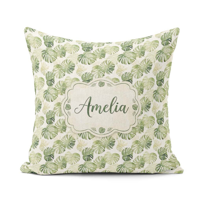 Custom Name Minimal Pale Green Monstera Elegant Seamless Pattern Square Filled Cushion Throw Pillow Sofa Bed Home Decor Zip Washable UK Made