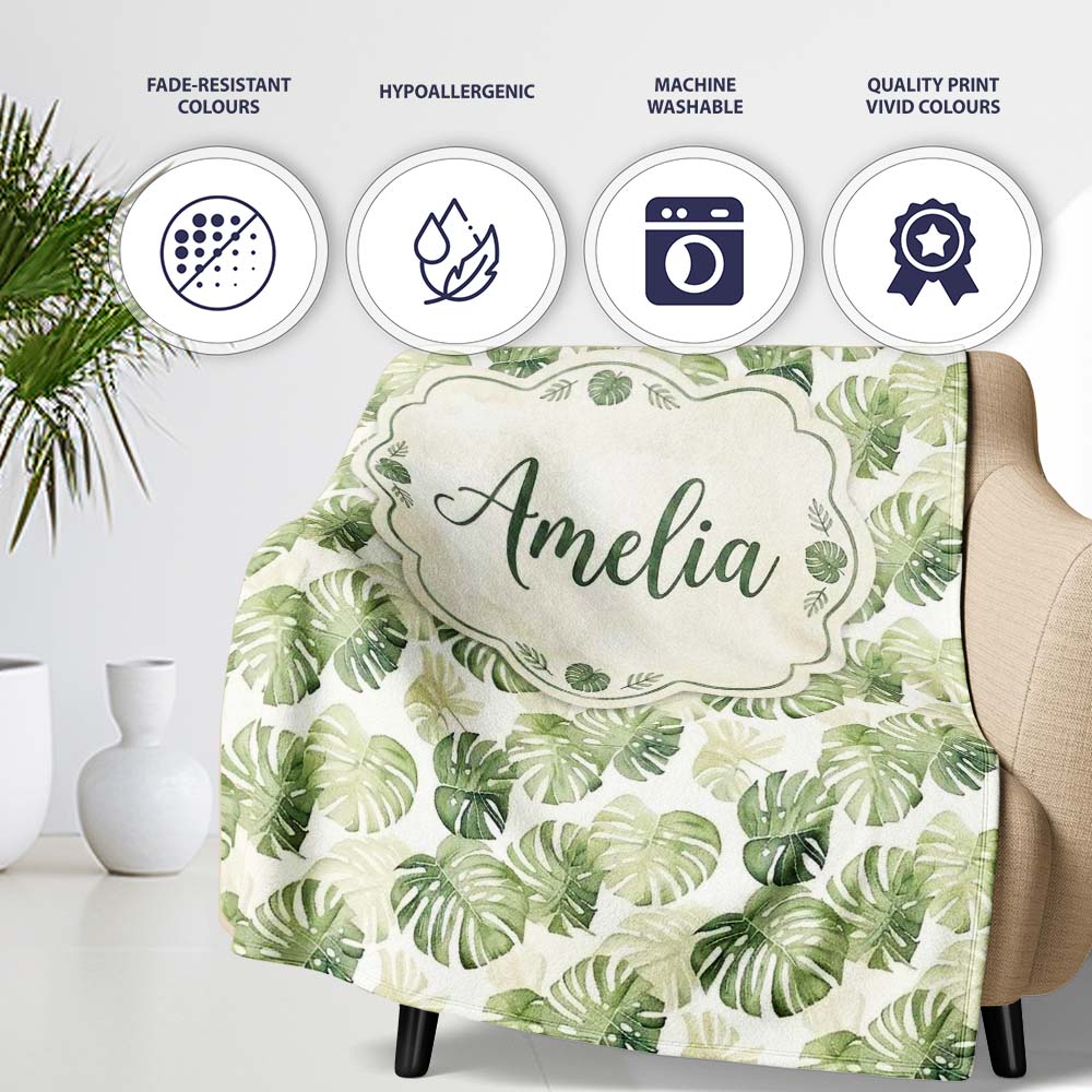 Minimal Pale Green Monstera Leaves Elegant Seamless Pattern Lovely  Personalised Custom Name Super Soft Fleece Blanket Bed Sofa Throw