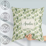 Custom Name Minimal Pale Green Monstera Elegant Seamless Pattern Square Filled Cushion Throw Pillow Sofa Bed Home Decor Zip Washable UK Made