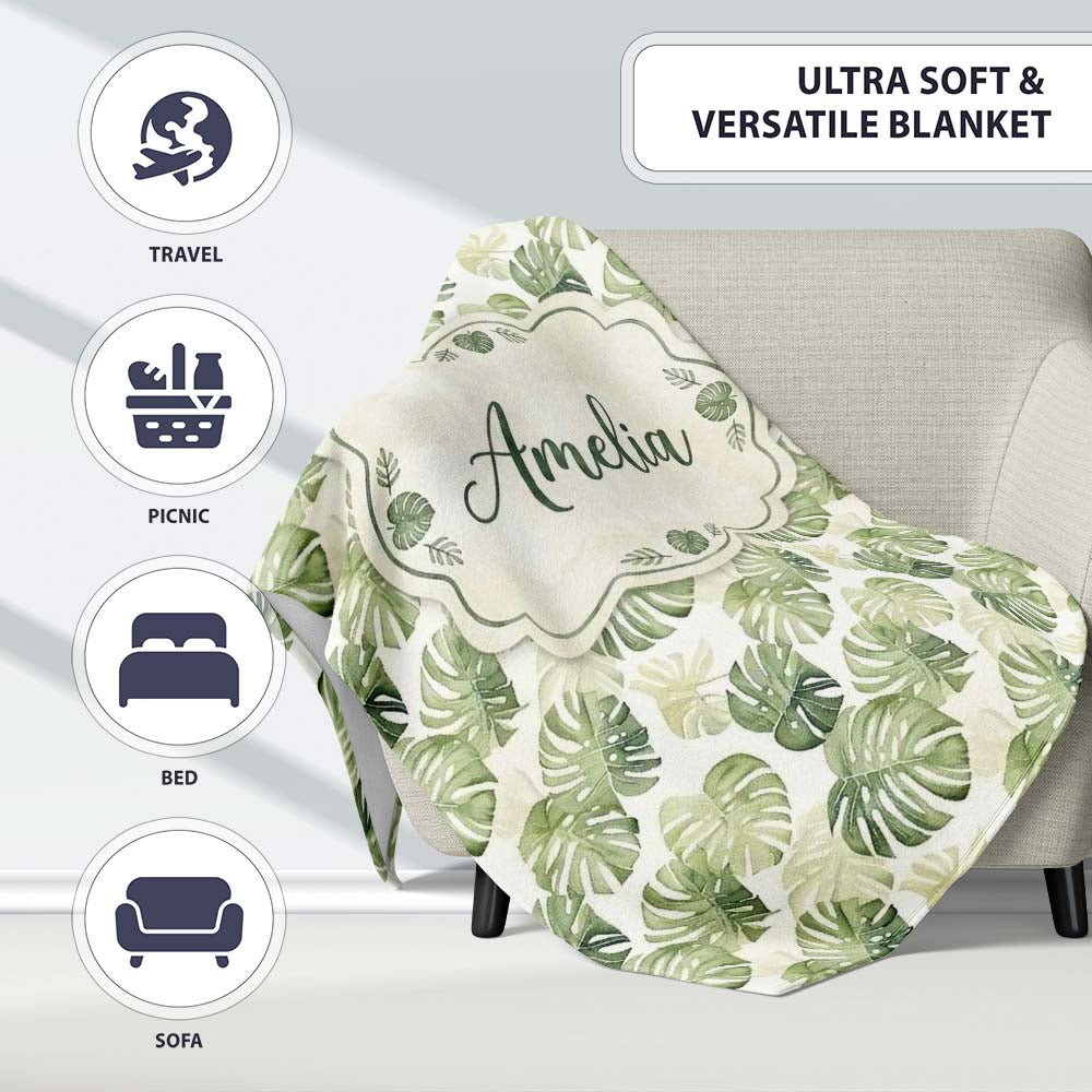 Minimal Pale Green Monstera Leaves Elegant Seamless Pattern Lovely  Personalised Custom Name Super Soft Fleece Blanket Bed Sofa Throw