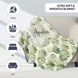 Minimal Pale Green Monstera Leaves Elegant Seamless Pattern Lovely  Personalised Custom Name Super Soft Fleece Blanket Bed Sofa Throw