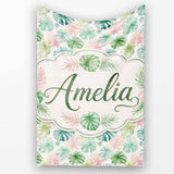 Pastel Tropical Monstera Leaves in Soft Pink and Green Seamless  Personalised Custom Name Super Soft Fleece Blanket Bed Sofa Throw