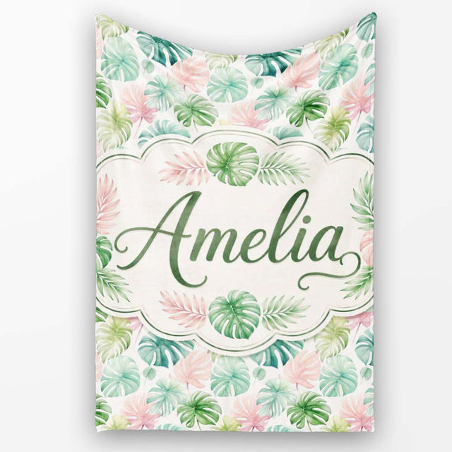 Pastel Tropical Monstera Leaves in Soft Pink and Green Seamless  Personalised Custom Name Super Soft Fleece Blanket Bed Sofa Throw