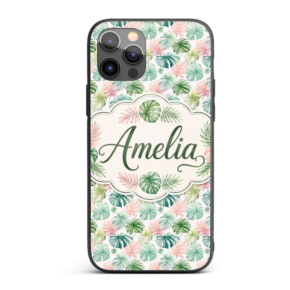 Pastel Tropical Monstera Leaves in Soft Pink and Custom Name Protective Phone Case Mobile Cover Durable Everyday Smartphone Shock Resistant