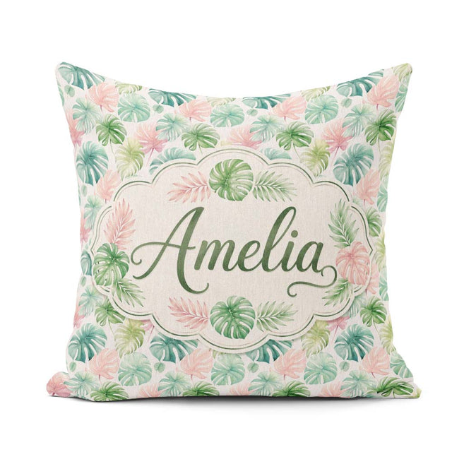 Custom Name Pastel Tropical Monstera Leaves in Soft and Seamless Square Filled Cushion Throw Pillow Sofa Bed Home Decor Zip Washable UK Made