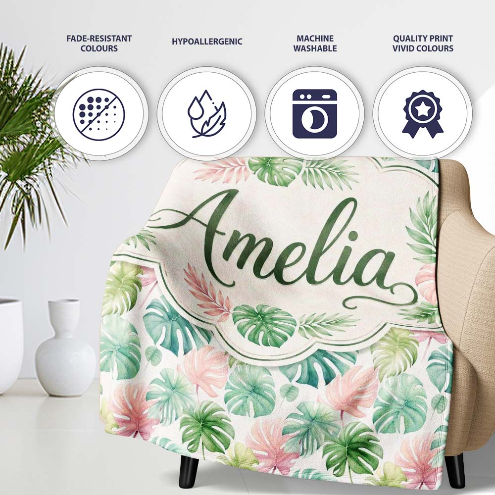 Pastel Tropical Monstera Leaves in Soft Pink and Green Seamless  Personalised Custom Name Super Soft Fleece Blanket Bed Sofa Throw