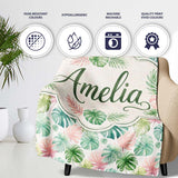 Pastel Tropical Monstera Leaves in Soft Pink and Green Seamless  Personalised Custom Name Super Soft Fleece Blanket Bed Sofa Throw