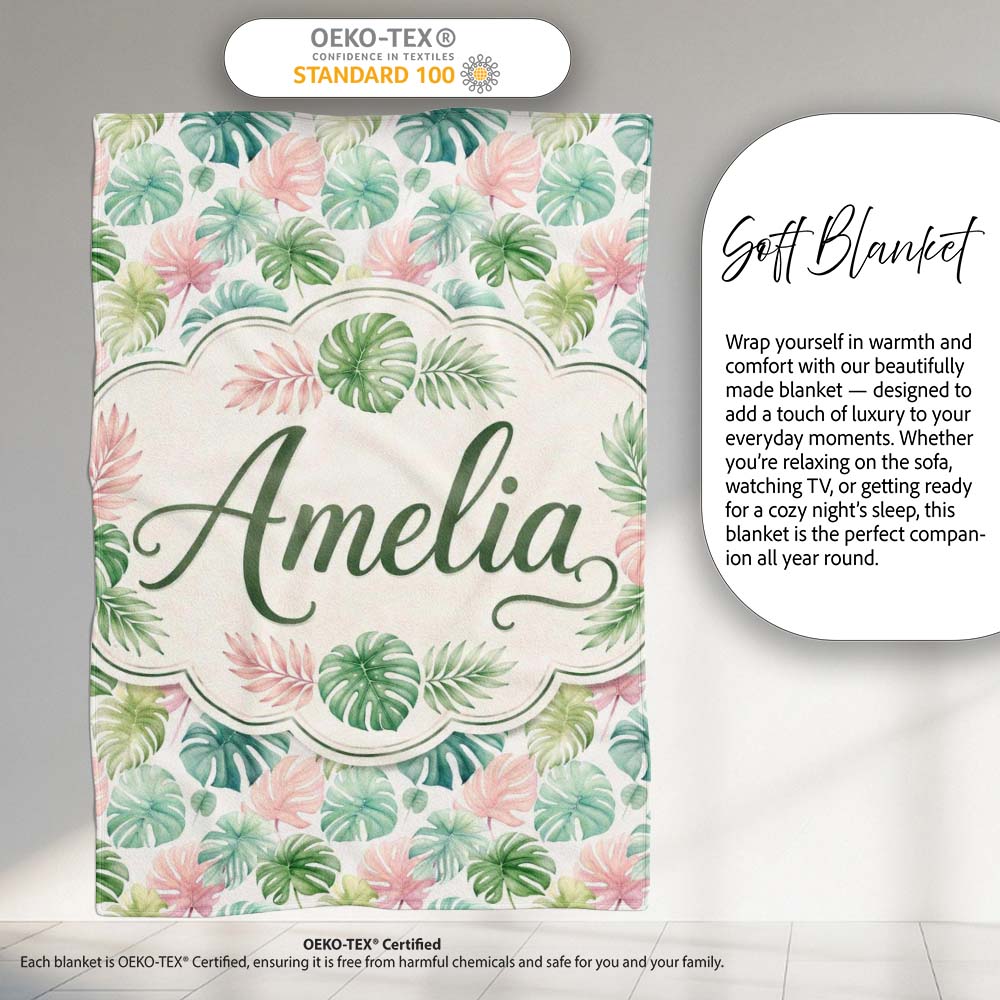 Pastel Tropical Monstera Leaves in Soft Pink and Green Seamless  Personalised Custom Name Super Soft Fleece Blanket Bed Sofa Throw