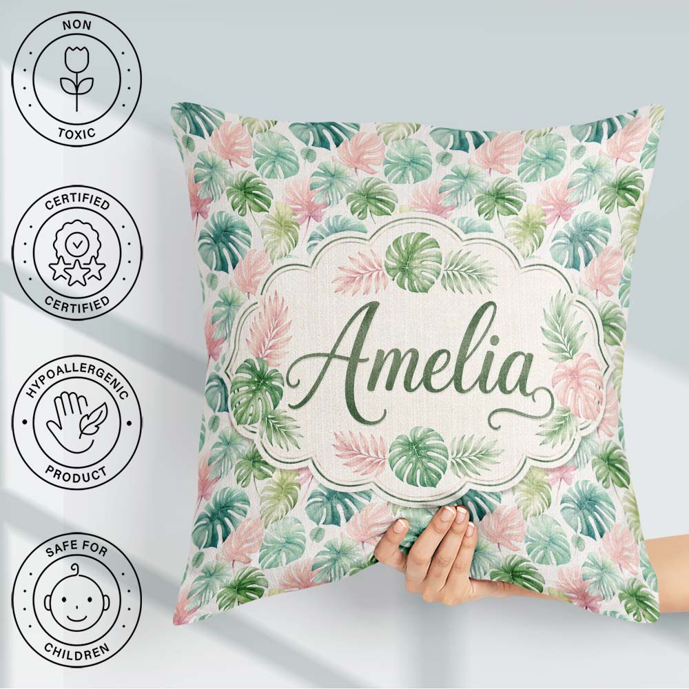 Custom Name Pastel Tropical Monstera Leaves in Soft and Seamless Square Filled Cushion Throw Pillow Sofa Bed Home Decor Zip Washable UK Made