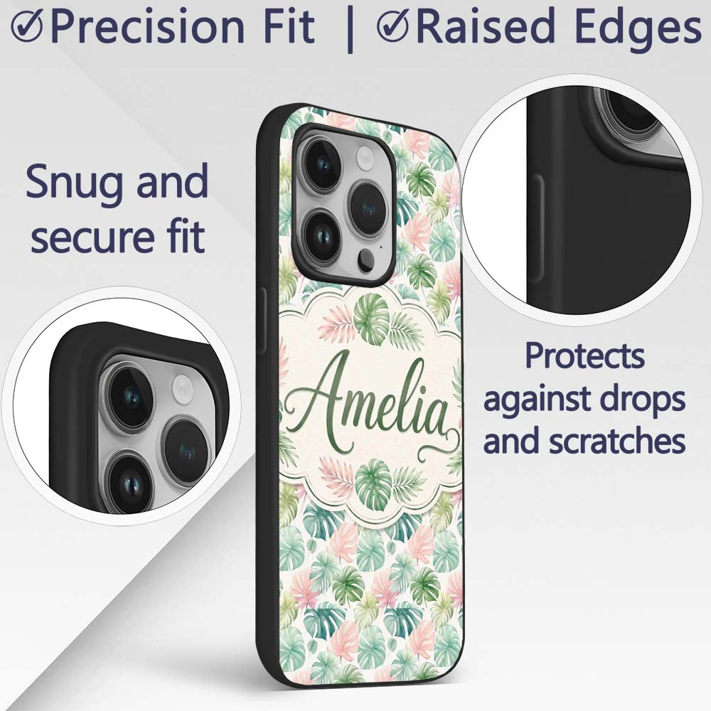 Pastel Tropical Monstera Leaves in Soft Pink and Custom Name Protective Phone Case Mobile Cover Durable Everyday Smartphone Shock Resistant