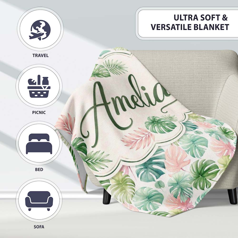 Pastel Tropical Monstera Leaves in Soft Pink and Green Seamless  Personalised Custom Name Super Soft Fleece Blanket Bed Sofa Throw