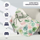 Pastel Tropical Monstera Leaves in Soft Pink and Green Seamless  Personalised Custom Name Super Soft Fleece Blanket Bed Sofa Throw