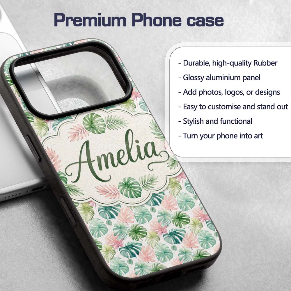Pastel Tropical Monstera Leaves in Soft Pink and Custom Name Protective Phone Case Mobile Cover Durable Everyday Smartphone Shock Resistant