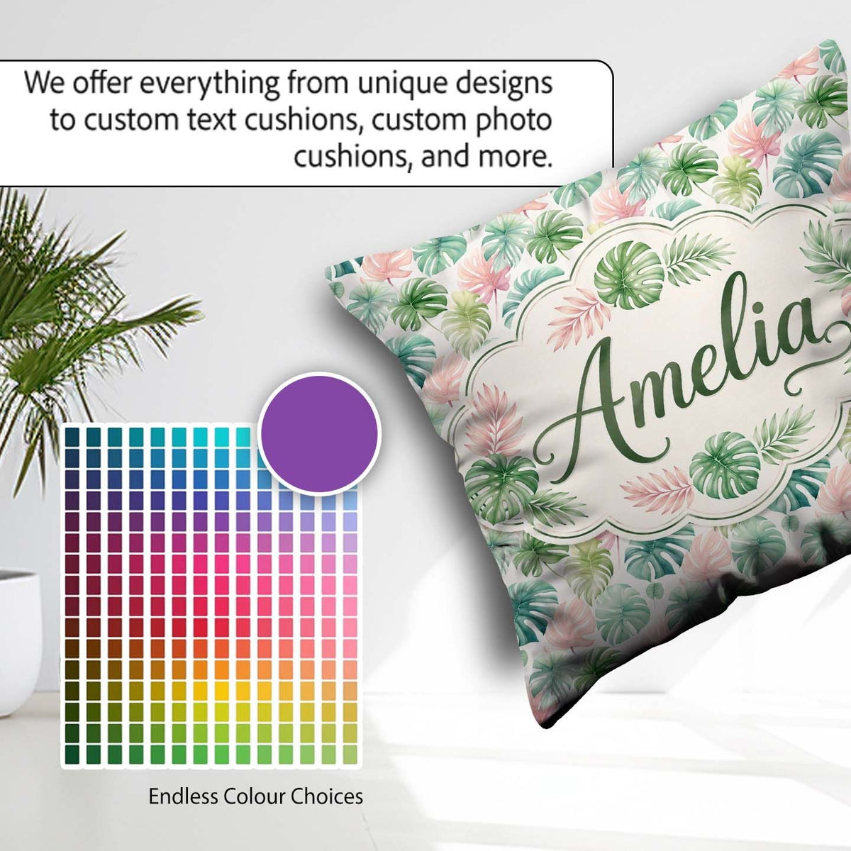 Custom Name Pastel Tropical Monstera Leaves in Soft and Seamless Square Filled Cushion Throw Pillow Sofa Bed Home Decor Zip Washable UK Made