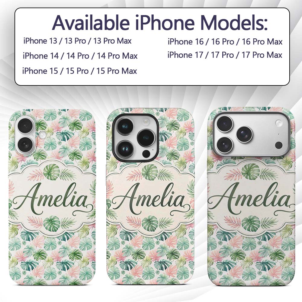 Pastel Tropical Monstera Leaves in Soft Pink and Custom Name Protective Phone Case Mobile Cover Durable Everyday Smartphone Shock Resistant