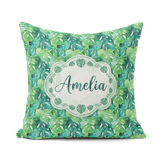Custom Name Green Monstera Jungle Leaves Dense Seamless Pattern Square Filled Cushion Throw Pillow Sofa Bed Home Decor Zip Washable UK Made