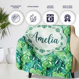 Rich Green Monstera Jungle Leaves Dense Seamless Pattern Lovely  Personalised Custom Name Super Soft Fleece Blanket Bed Sofa Throw