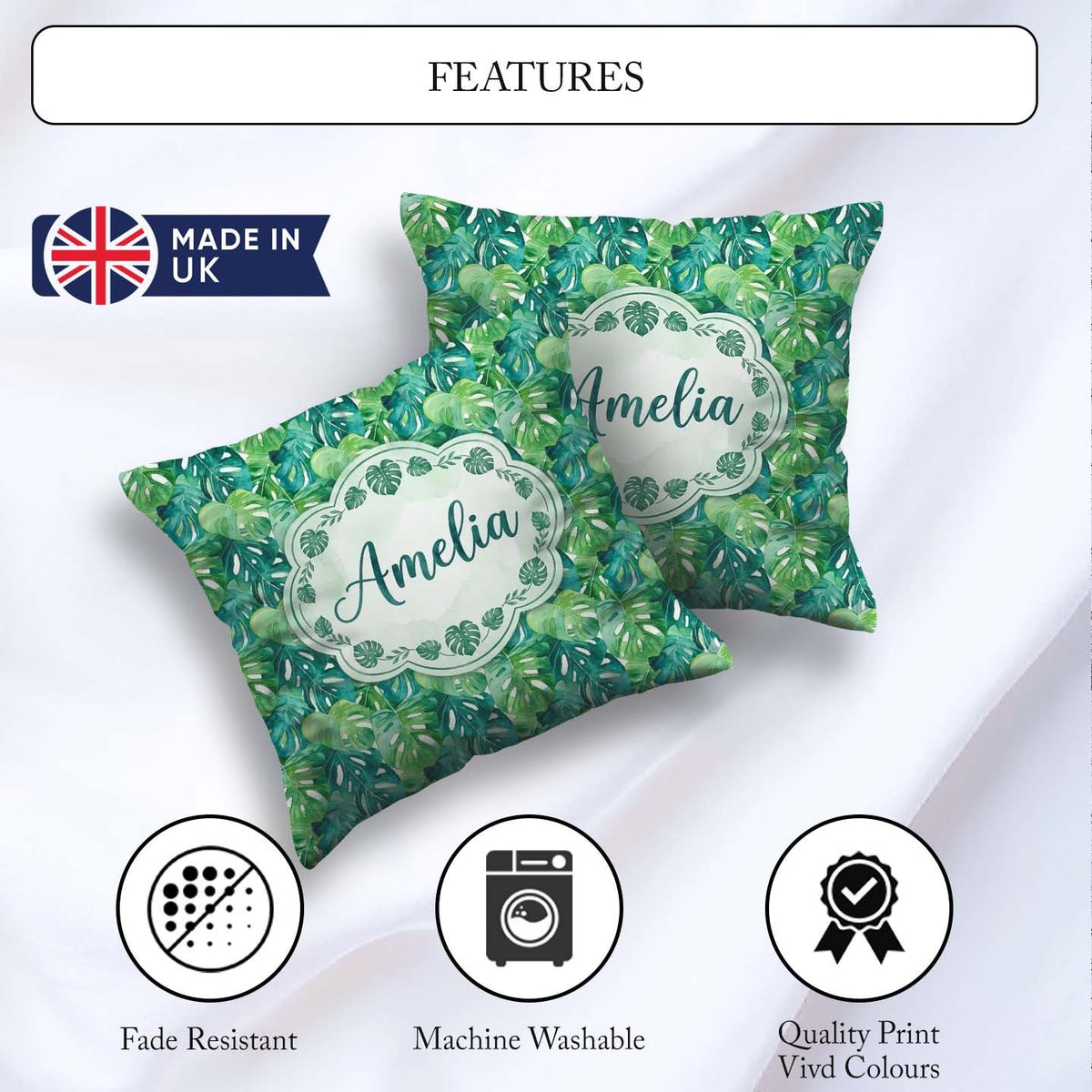 Custom Name Green Monstera Jungle Leaves Dense Seamless Pattern Square Filled Cushion Throw Pillow Sofa Bed Home Decor Zip Washable UK Made