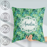 Custom Name Green Monstera Jungle Leaves Dense Seamless Pattern Square Filled Cushion Throw Pillow Sofa Bed Home Decor Zip Washable UK Made