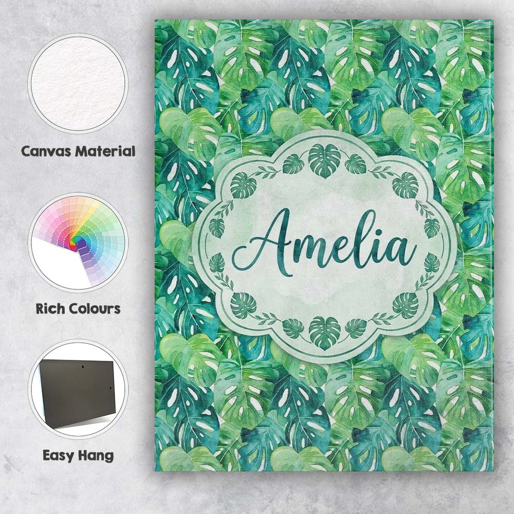Personalised Name Rich Green Monstera Custom Modern Room Accent Creative Decorator Style Canvas Wall Art Print Decor Picture Ready to Hang