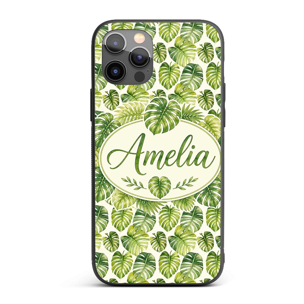 Earthy Green and Yellow Tropical Leaves Botanical Custom Name Protective Phone Case Mobile Cover Durable Everyday Smartphone Shock Resistant