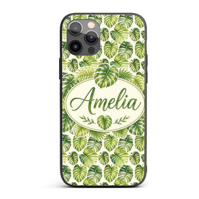 Earthy Green and Yellow Tropical Leaves Botanical Custom Name Protective Phone Case Mobile Cover Durable Everyday Smartphone Shock Resistant