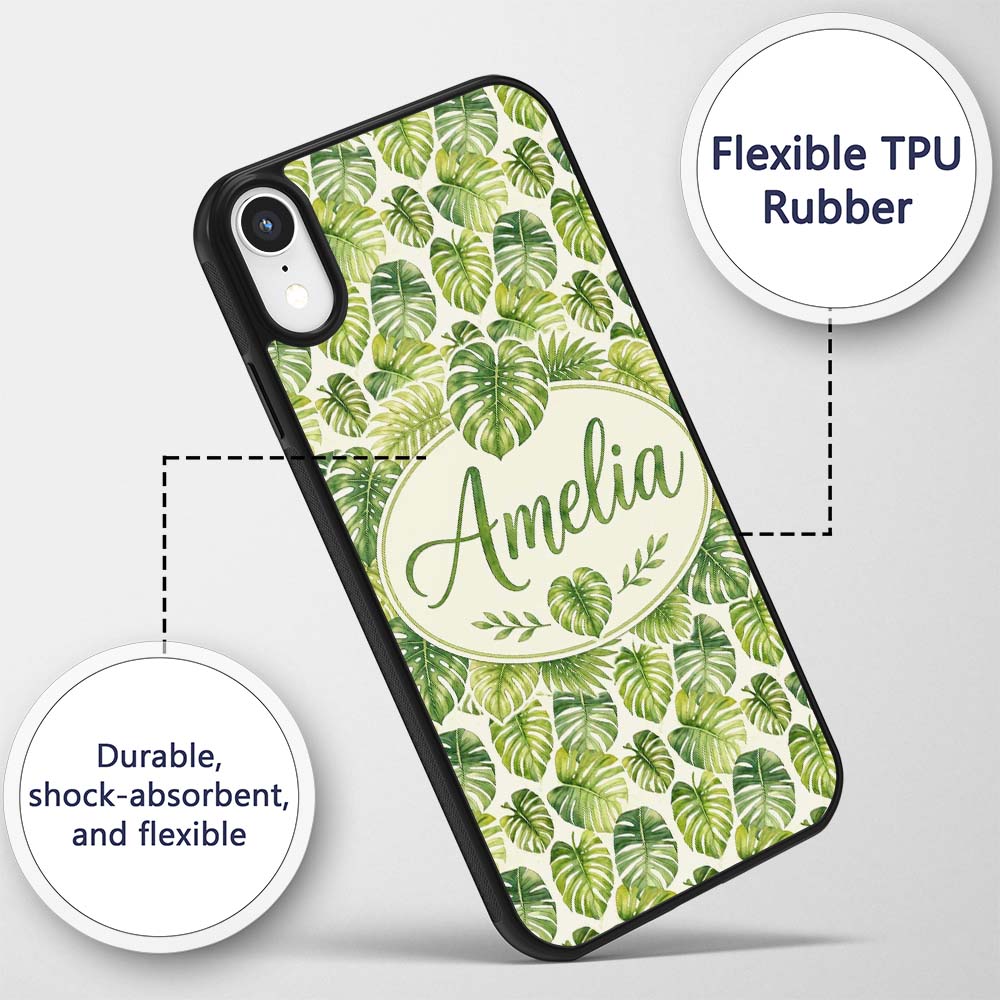 Earthy Green and Yellow Tropical Leaves Botanical Custom Name Protective Phone Case Mobile Cover Durable Everyday Smartphone Shock Resistant