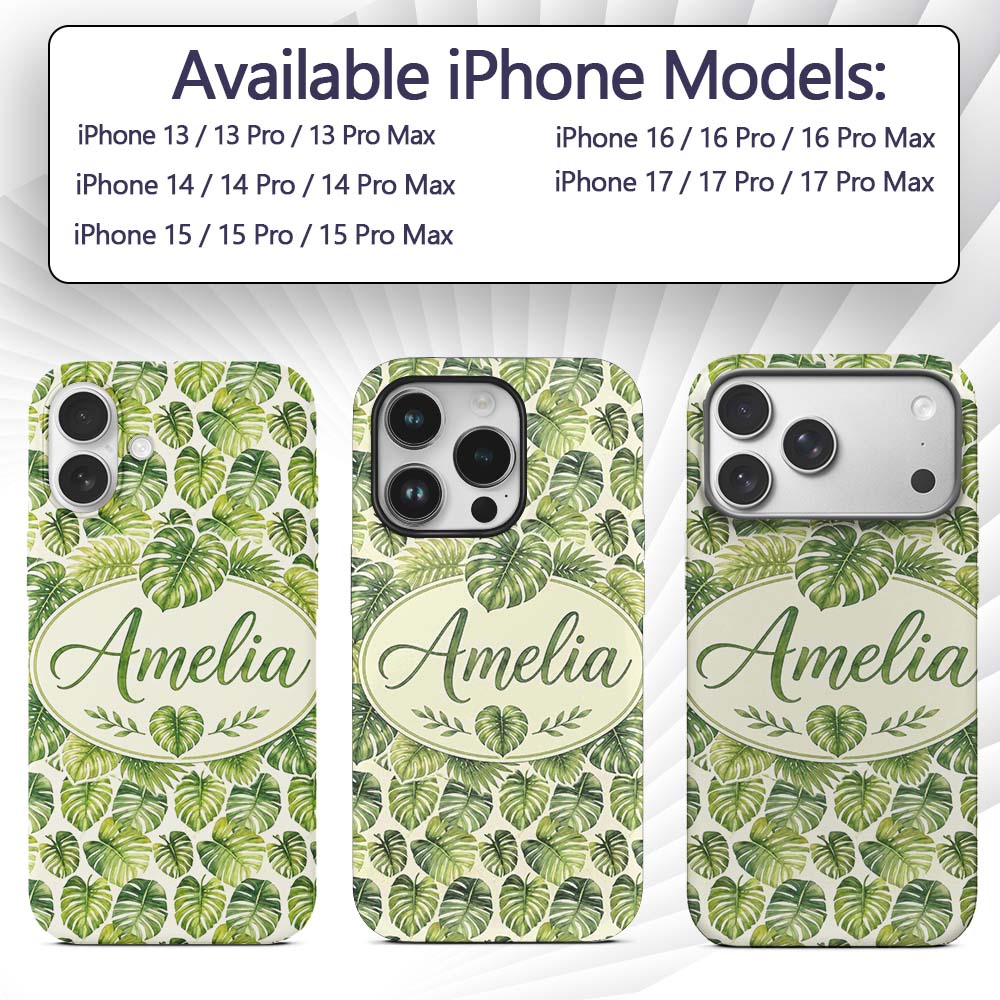 Earthy Green and Yellow Tropical Leaves Botanical Custom Name Protective Phone Case Mobile Cover Durable Everyday Smartphone Shock Resistant