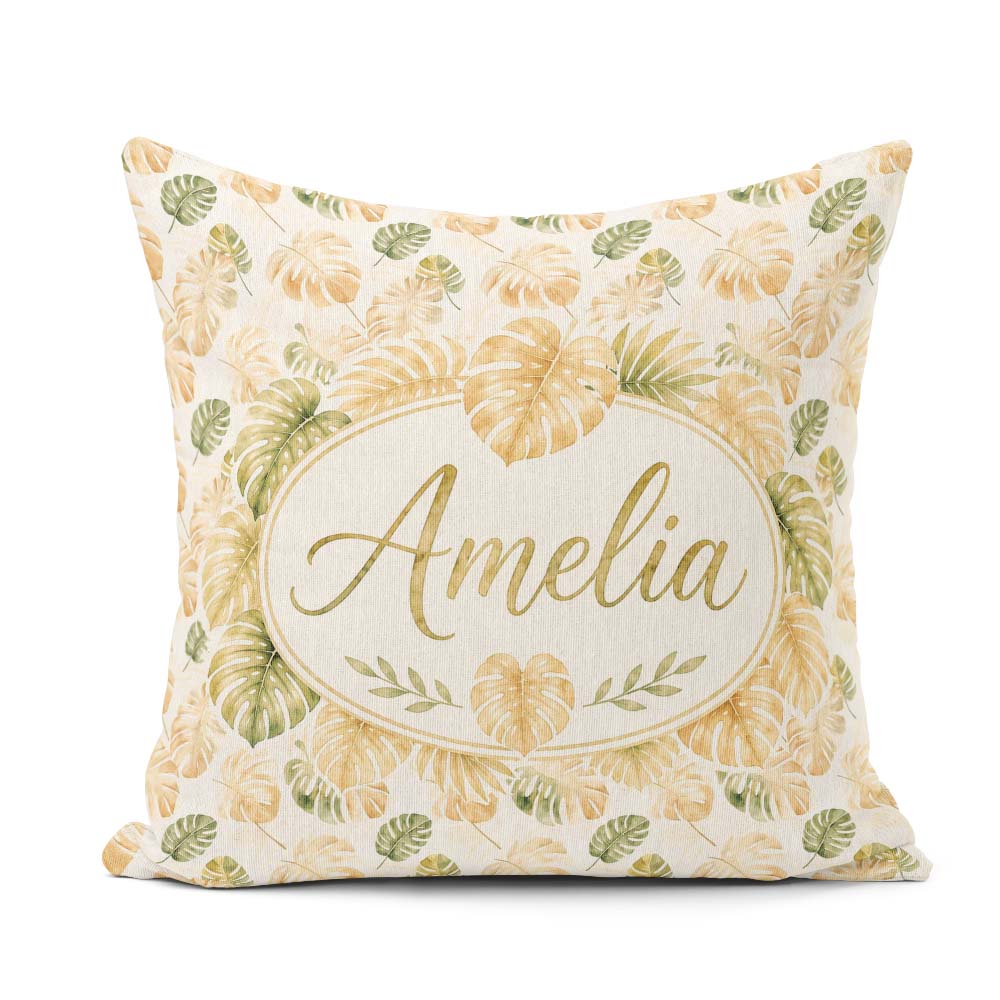 Custom Name Warm Beige and Green Monstera Soft Tropical Seamless Square Filled Cushion Throw Pillow Sofa Bed Home Decor Zip Washable UK Made