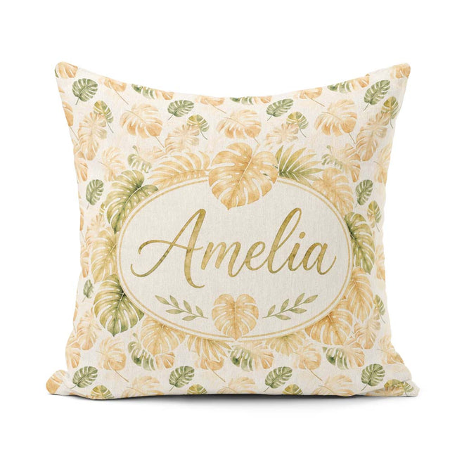 Custom Name Warm Beige and Green Monstera Soft Tropical Seamless Square Filled Cushion Throw Pillow Sofa Bed Home Decor Zip Washable UK Made