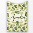 Layered Tropical Monstera and Palm Leaves Natural Green Seamless  Personalised Custom Name Super Soft Fleece Blanket Bed Sofa Throw