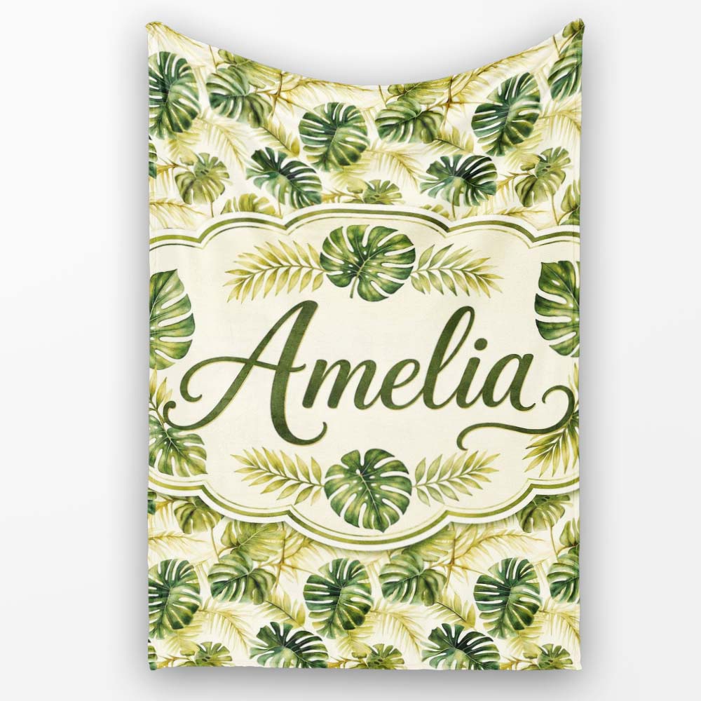 Layered Tropical Monstera and Palm Leaves Natural Green Seamless  Personalised Custom Name Super Soft Fleece Blanket Bed Sofa Throw