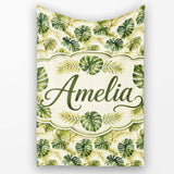 Layered Tropical Monstera and Palm Leaves Natural Green Seamless  Personalised Custom Name Super Soft Fleece Blanket Bed Sofa Throw