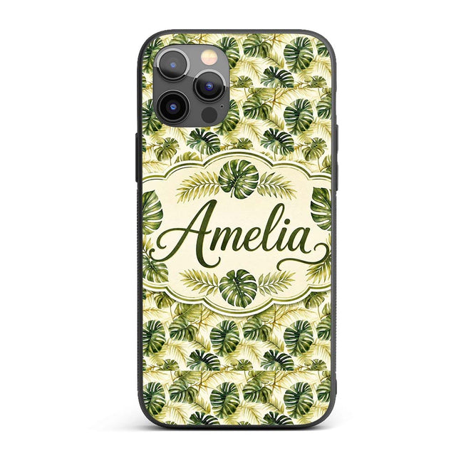 Layered Tropical Monstera and Palm Leaves Natural Custom Name Protective Phone Case Mobile Cover Durable Everyday Smartphone Shock Resistant