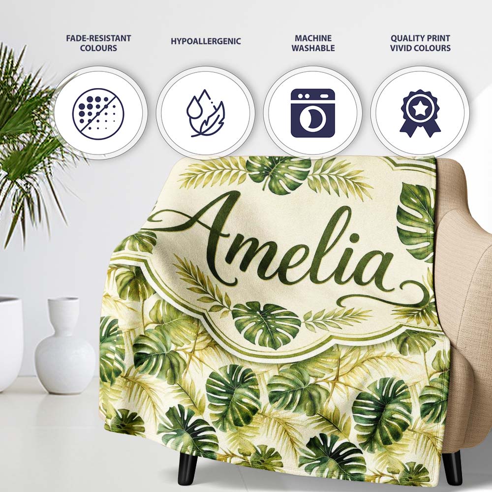 Layered Tropical Monstera and Palm Leaves Natural Green Seamless  Personalised Custom Name Super Soft Fleece Blanket Bed Sofa Throw