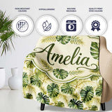 Layered Tropical Monstera and Palm Leaves Natural Green Seamless  Personalised Custom Name Super Soft Fleece Blanket Bed Sofa Throw