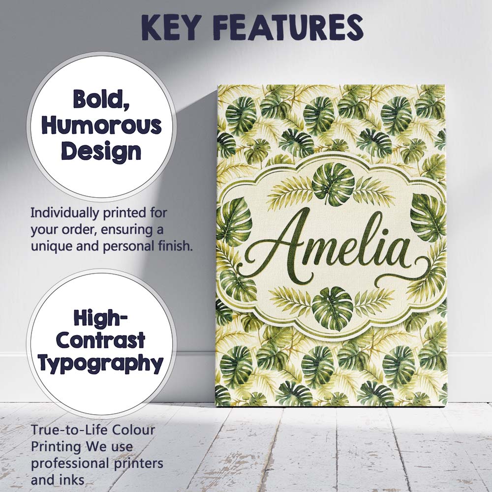 Personalised Name Layered Tropical Monstera Custom  Bespoke Interior Contemporary Canvas Wall Art Print Decor Picture Ready to Hang
