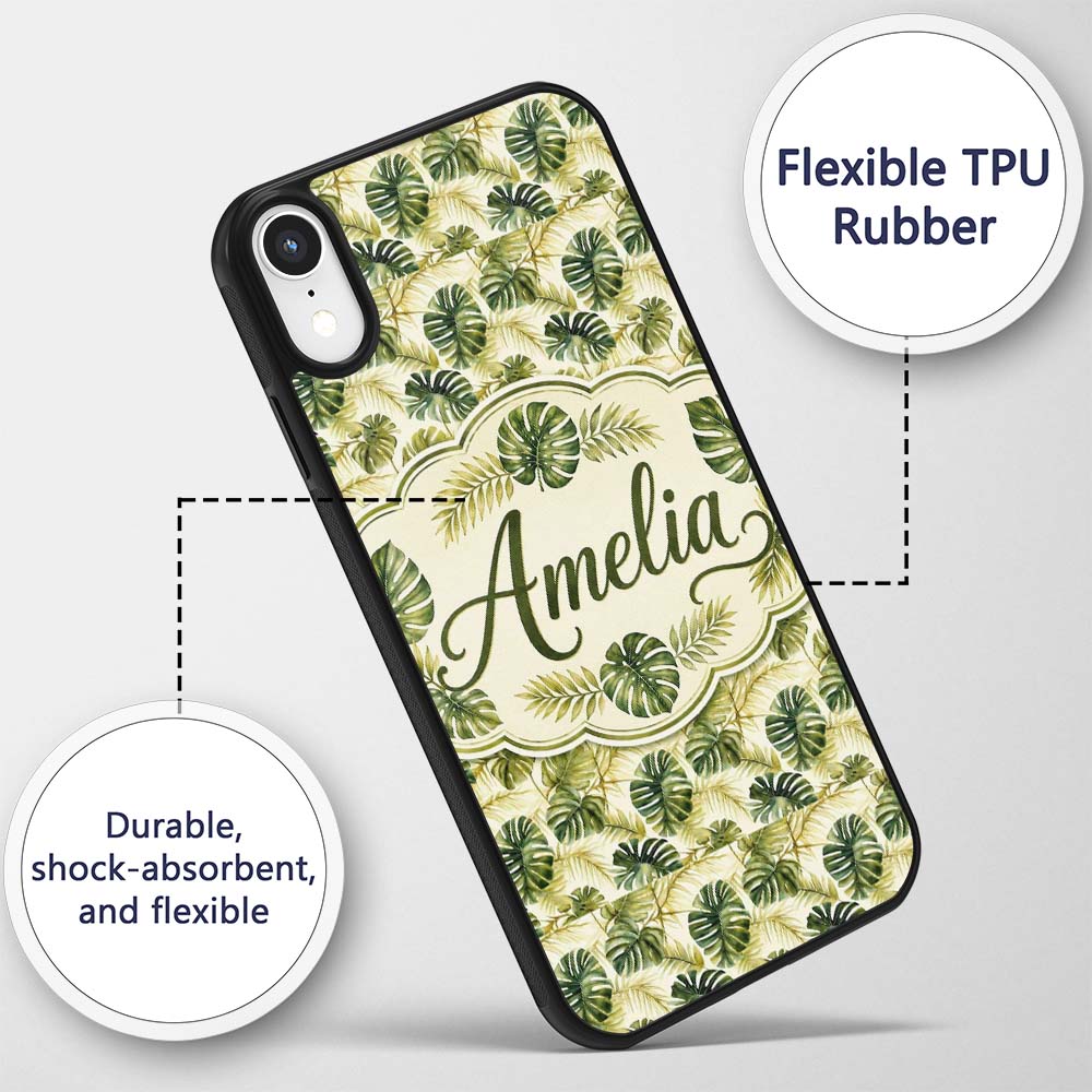 Layered Tropical Monstera and Palm Leaves Natural Custom Name Protective Phone Case Mobile Cover Durable Everyday Smartphone Shock Resistant
