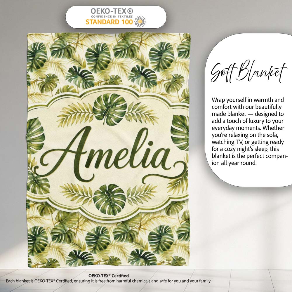 Layered Tropical Monstera and Palm Leaves Natural Green Seamless  Personalised Custom Name Super Soft Fleece Blanket Bed Sofa Throw