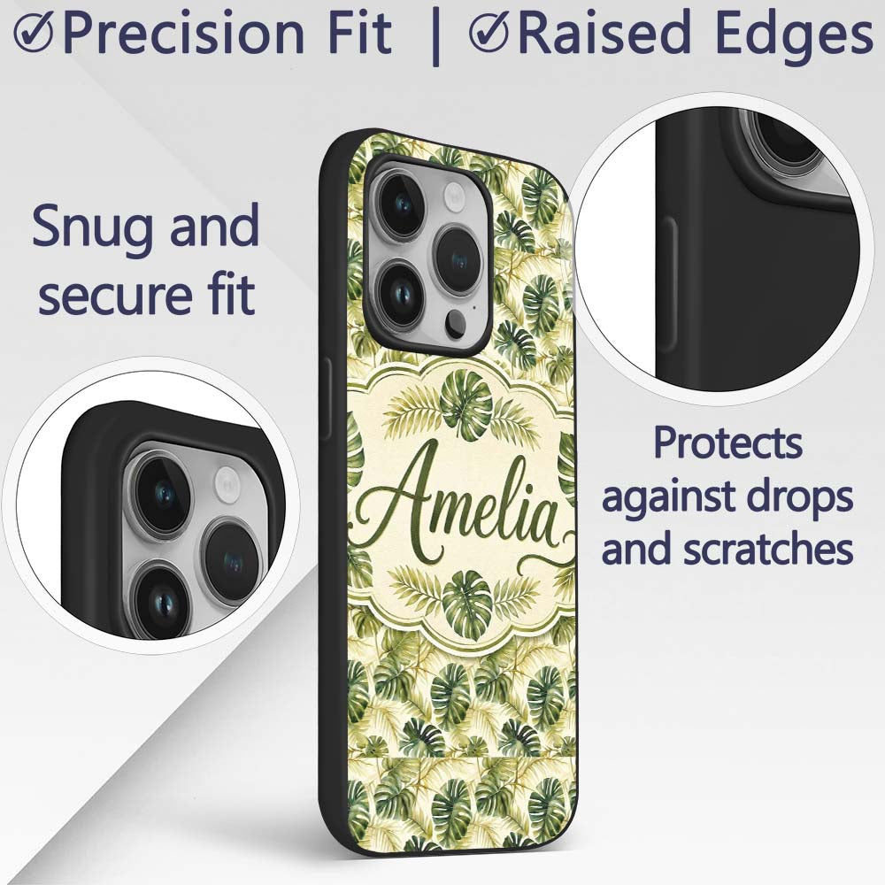 Layered Tropical Monstera and Palm Leaves Natural Custom Name Protective Phone Case Mobile Cover Durable Everyday Smartphone Shock Resistant