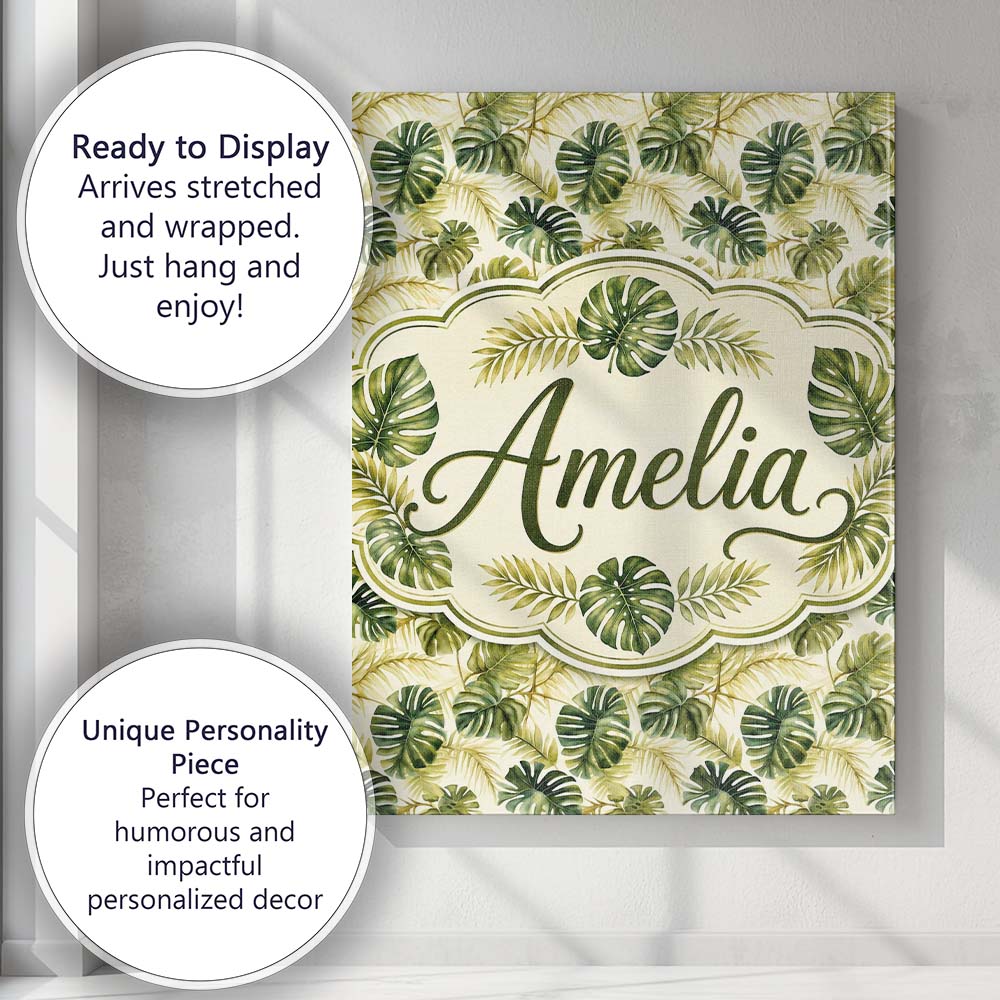 Personalised Name Layered Tropical Monstera Custom  Bespoke Interior Contemporary Canvas Wall Art Print Decor Picture Ready to Hang