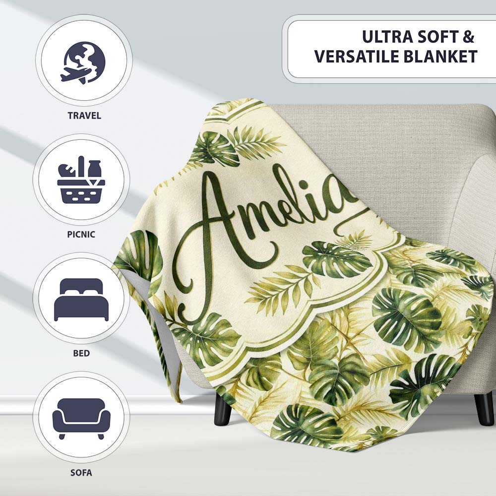 Layered Tropical Monstera and Palm Leaves Natural Green Seamless  Personalised Custom Name Super Soft Fleece Blanket Bed Sofa Throw