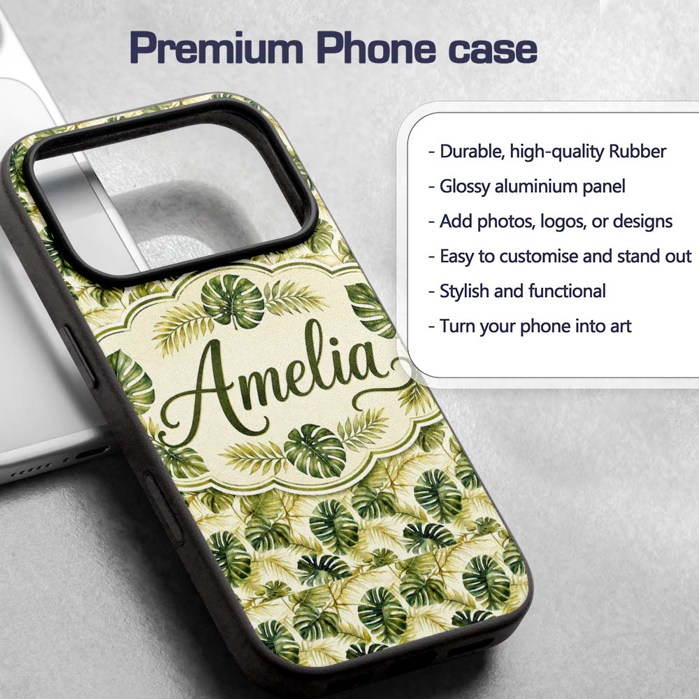 Layered Tropical Monstera and Palm Leaves Natural Custom Name Protective Phone Case Mobile Cover Durable Everyday Smartphone Shock Resistant