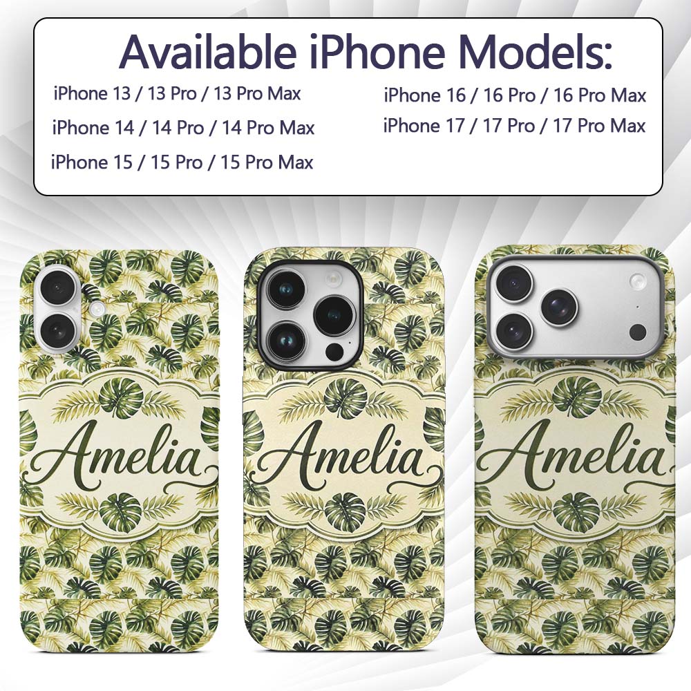 Layered Tropical Monstera and Palm Leaves Natural Custom Name Protective Phone Case Mobile Cover Durable Everyday Smartphone Shock Resistant