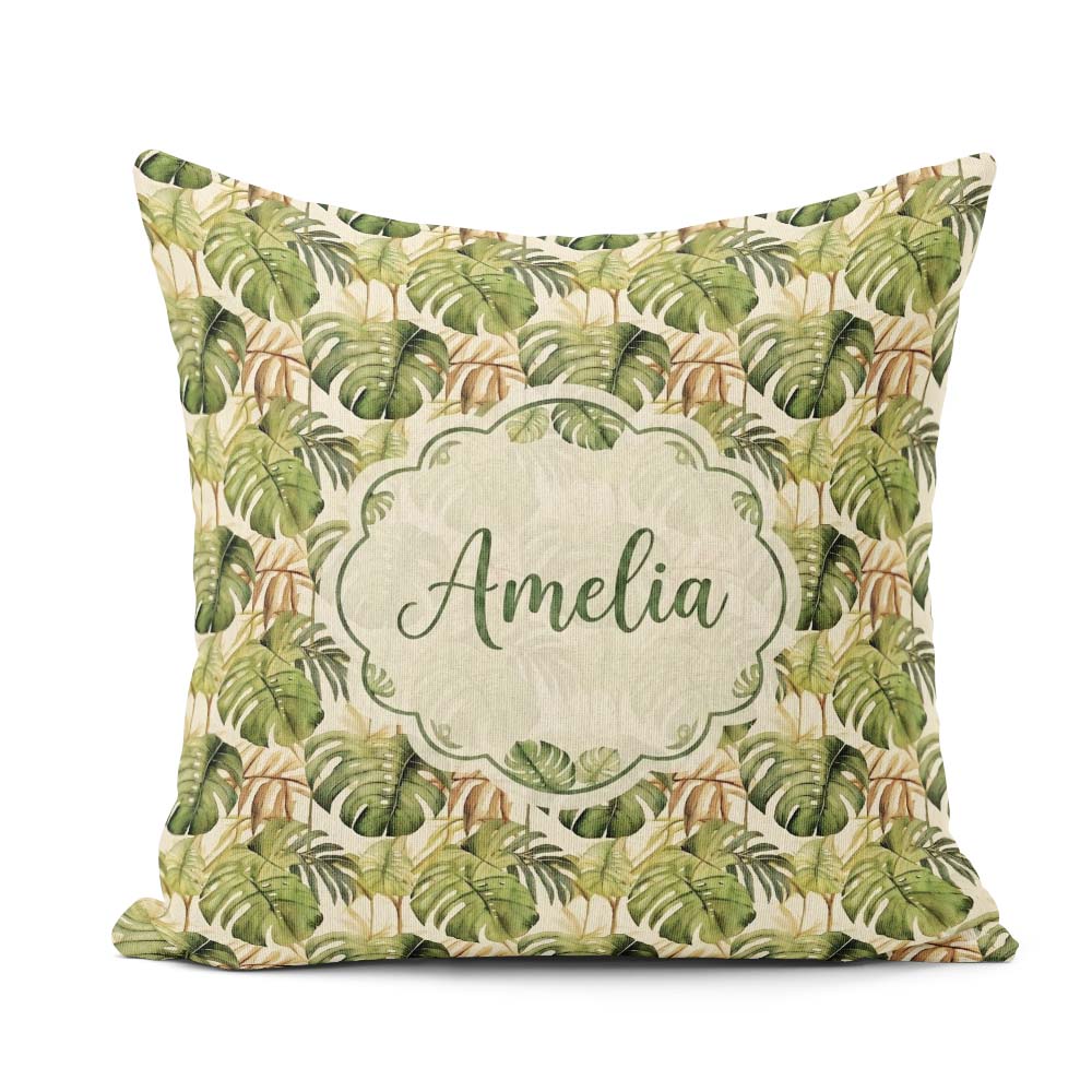 Custom Name Earthy Botanical Monstera Leaves with Branch Details Square Filled Cushion Throw Pillow Sofa Bed Home Decor Zip Washable UK Made